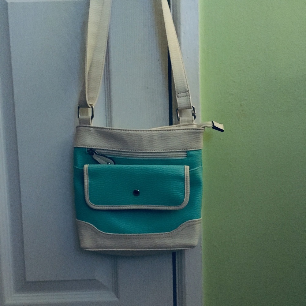 White and teal purse